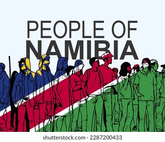 Menschen Namibias mit Fahne, Silhouette vieler Menschen, Diversitäts- oder Protestbanner in Namibia, Gruppe von Personen, Gesellschaft und Publikum-Konzept, Idee sammeln