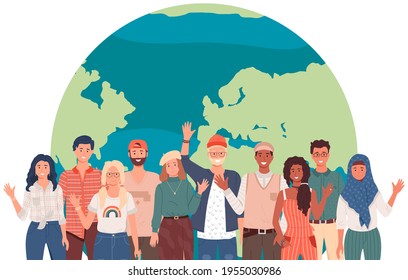 People in national clothes stand on background of planet. Characters waving hands near earth