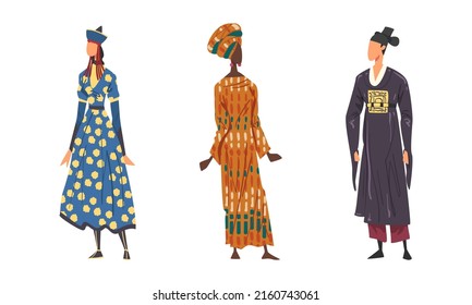 People in national clothing set. Man and women in traditional outfit of Mongolia, Japan, African cartoon vector illustration
