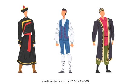 People in national clothing set. Young men in traditional outfit of different countries cartoon vector illustration