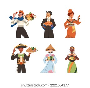 People in national costumes with traditional dishes set. Men and women dressed in national clothes vector illustration