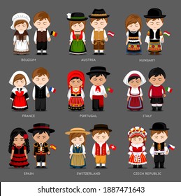 People in national dress. Belgium, Austria, Hungary, France, Portugal, Italy, Spain, Switzerland, Czech Republic. Set of european pairs dressed in traditional costume. National clothes.