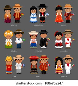 People in national dress. Bolivia, Argentina, Chile, Brazil, Ecuador, Colombia, Cuba, Peru, Mexico. Set of Latin-American pairs dressed in traditional costume. National clothes. Vector illustration.
