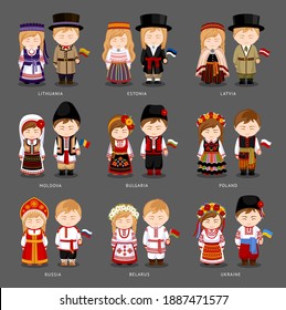 People in national dress. Latvia, Lithuania, Estonia, Bulgaria, Moldova, Poland, Russia, Ukraine, Belarus. Set of european pairs dressed in traditional costume. National clothes. Vector illustration.