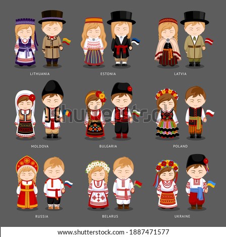 People in national dress. Latvia, Lithuania, Estonia, Bulgaria, Moldova, Poland, Russia, Ukraine, Belarus. Set of european pairs dressed in traditional costume. National clothes. Vector illustration.