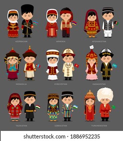 People in national dress. Mongolia, Kazakhstan, Kyrgyzstan, Azerbaijan, Armenia, Afghanistan, Uzbekistan, Turkmenistan, Tajikistan. Set of pairs dressed in traditional costume. Vector illustration.