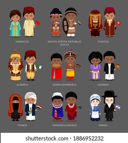 People in national dress. Morocco, Tunisia, Kenya (Samburu), Tanzania (Masai), South Africa (Zulu), Uganda, Yemen, Israel. Set of pairs dressed in traditional costume. Vector flat illustration.