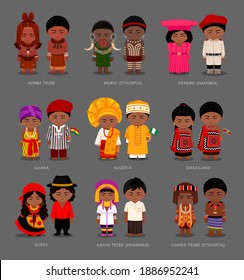 People in national dress. Swazilanders, Nigerians, Ghanaian. Hamer, Kayan, Himba, Mursi tribe, Herero. Gypsies. Set of pairs dressed in traditional costumes with flags. Vector flat illustration.