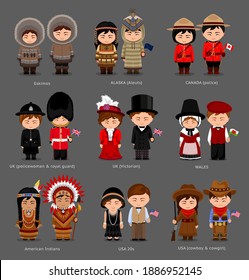 People in national dress. United Kingdom, Canada, United States of America (USA). Eskimos, Aleuts, American Indians. Set of pairs dressed in traditional costume.Vector flat illustration.