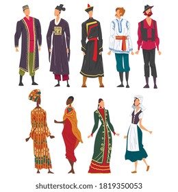 People in National lothing Set, Male and Female Representatives of Countries in Traditional Outfit of Nation Cartoon Style Vector Illustration