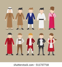 people are in national suits. Set of country pairs dressed in different national costumes