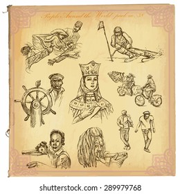 People, Natives around the World (no.38). Collection of an hand drawn vector illustrations (freehand sketching). Each drawing comprises a few layers of lines. Colored background is isolated. Editable.