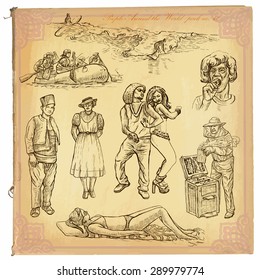 People, Natives around the World (no.40). Collection of an hand drawn vector illustrations (freehand sketching). Each drawing comprises a few layers of lines. Colored background is isolated. Editable.