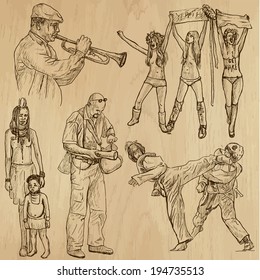 People and Natives around the World (vector pack no.26). Collection of an hand drawn illustrations (originals). Each drawing comprises of two layers of outlines, the colored background is isolated.
