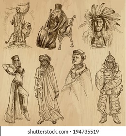 People and Natives around the World (vector pack no.19). Collection of an hand drawn illustrations (originals). Each drawing comprises of two layers of outlines, the colored background is isolated.