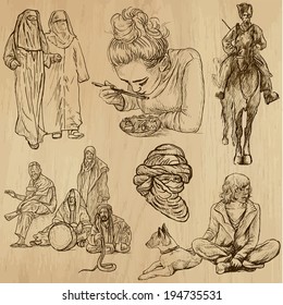 People and Natives around the World (vector pack no.22). Collection of an hand drawn illustrations (originals). Each drawing comprises of two layers of outlines, the colored background is isolated.