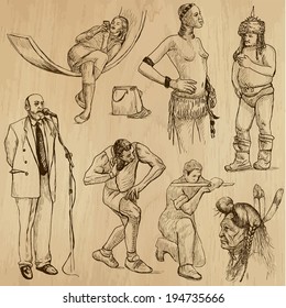 People and Natives around the World (vector pack no.29). Collection of an hand drawn illustrations (originals). Each drawing comprises of two layers of outlines, the colored background is isolated.