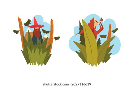 People in Nature, Cute Fairy Creatures Hiding in Tall Thick Grass Cartoon Vector Illustration