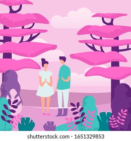 Ilustración vectorial plana de la naturaleza y de la gente. Salida, recreación al aire libre, paseo familiar. Joven pareja en el bosque, novia y novio, adolescentes sin rostro personajes al estilo de las caricaturas