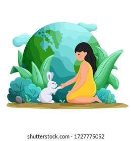 People and nature. Girl and her friend hare. World Wildlife Day, Save the Earth, Earth Day, Green Day concept. Design for greeting cards, cards, banner, poster, invitations. Vector illustration.