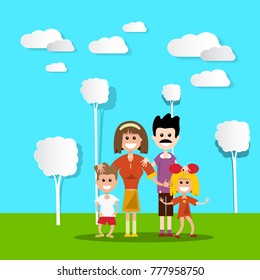 People in Nature. Hapy Family with Paper Cut Flat Design Trees and Clouds. Vector Landscape.