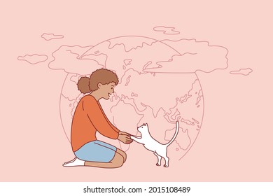 People and nature, save earth concept. Small positive black girl sitting with little white cat kitten and planet earth on background vector illustration 