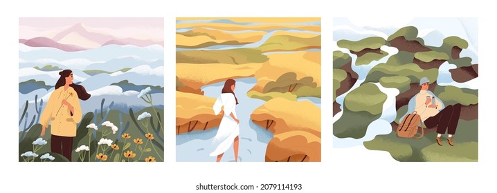 People in nature set. Happy relaxed men and women walking and hiking alone in calm morning spring and autumn landscapes. Young characters travel in solitude. Colored flat vector illustrations