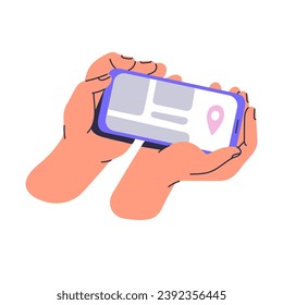 People navigate by smartphone gps app. Mobile app for search location point on digital map. User hold phone with geo position pin in city in hand. Flat isolated vector illustration on white background
