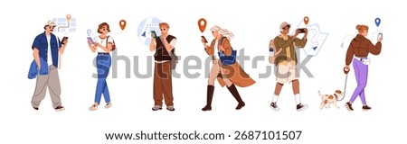 People navigate with GPS in smartphone set. Tourists look for route in travel on online maps. Men and women search for way with mobile phone. Flat isolated vector illustrations on white background