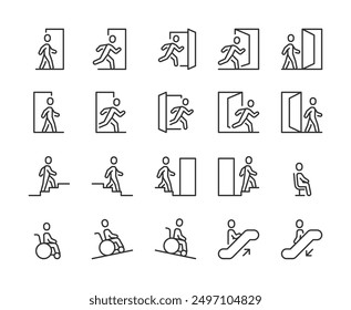 Personas Navegación, Conjunto de iconos. Navegación pública y señales. Entrada, Salida, Puerta, Navegación pública, Señales, Subir y bajar escaleras, Rampa accesible para sillas de ruedas, Escalera mecánica. Línea con trazo editable