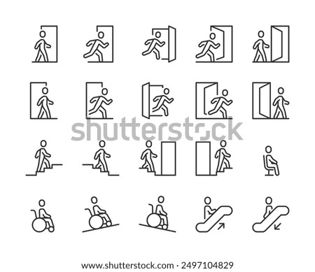 People Navigation, Icon Set. Public Navigation and Signs. Entrance, Exit, Door, Public Navigation, Signs, Up and Down Stairs, Wheelchair Accessible Ramp, Escalator. Line with editable stroke