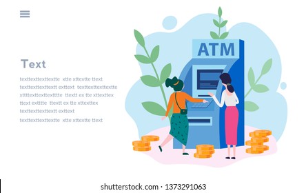 People  near ATM machine,  female assistant helping clients,  Vector illustration, perform financial transactions using ATM. Consultant near automated teller machine for customer with coins around. 