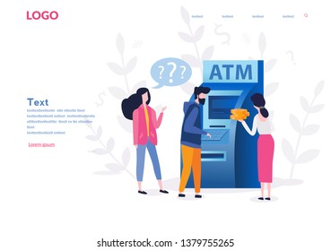 People  near ATM machine,  female assistant helping clients,  Vector illustration, perform financial transactions using ATM. Consultant near automated teller machine for customer with coins around. 