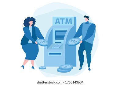 People  near ATM machine,  female assistant helping clients,  Vector illustration, perform financial transactions using ATM. Consultant near automated teller machine for customer with coins around. 