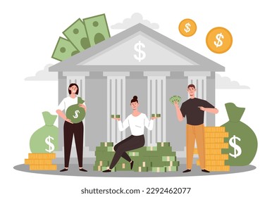 People near bank building concept. Man and women with banknotes and gold coins. Wealthy, rich and successful entrepreneurs or investors. Transactions and transfers. Cartoon flat vector illustration