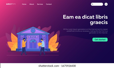 People near bank building. Men carrying piggy bank and counting money flat vector illustration. Finance concept for banner, website design or landing web page