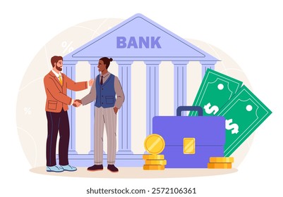 People near bank. Men shake hands near briefcase with money and bank building. Collaboration and cooperation. Payment and investment. Investor and businessman. Flat vector illustration