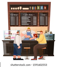 People near bar with barista in coffeehouse. Male characters drinking mug and eating cake in cafe. Interior of restaurant with food and beverage menu. Men beertime with coffee in urban place vector