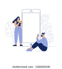 people near the big smartphone are holding and using theirs gadgets. woman are standing,  man are siting. vector  illustration. character design.