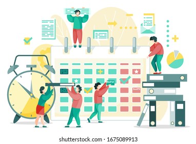 People near calendar to try to finish deals. Vector illustration of people doing effective time management, office folders and calendar. Clock represents deadline, teamwork and communication concept