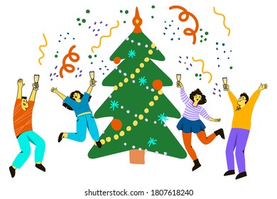 people, near the Christmas tree, with glasses of champagne, greet the new year, joyfully jump up, doodle, sketch, vector illustration