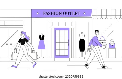 People near clothing store line concept. Man and woman walk down street in front of showcase with mannequins. Fashion outlet in mall. Trend and style. Linear flat vector illustration