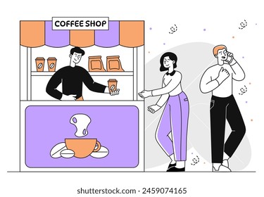 Personas cerca de coffee shop simple. Hombre y mujer con teléfono cerca del mercado con bebidas calientes. Aroma y bebida. Capuchino y mochaccino, café con leche. Doodle Ilustración vectorial plana aislada sobre fondo blanco