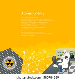 People Near The Control Panel On A Thermal Power Station , Nuclear Power Plant, Text Atomic Energy , Radiation Sign, Poster Brochure Flyer Design, Vector Illustration