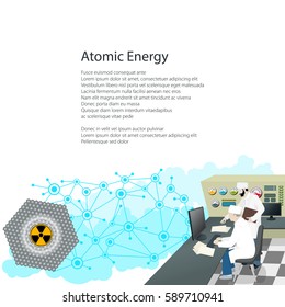 People near the Control Panel on a Nuclear Power Plant, Thermal Power Station , Text Atomic Energy and Radiation Sign and Operators on White Background, Poster Brochure Flyer Design, Vector 