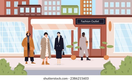 People near fashion outlet concept. Men and women near boutique showglass. Fashion, trend and style. Customers buys clothes from brand. Poster or banner. Cartoon flat vector illustration