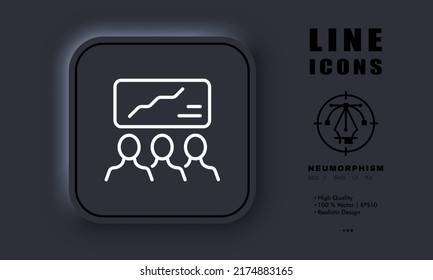 People Near Graph Line Icon. Columns, Chart, Analytics, Income, Business, Growth, Career, Diagram. Infographic Concept. Neomorphism Style. Vector Line Icon For Business And Advertising