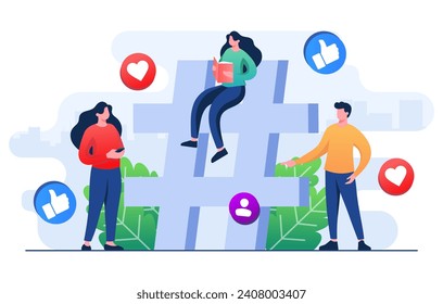 People near hashtag, Social media marketing, Blogging and planning promotion on social media networks. Digital technology and communication, Digital marketing strategy, hashtag marketing