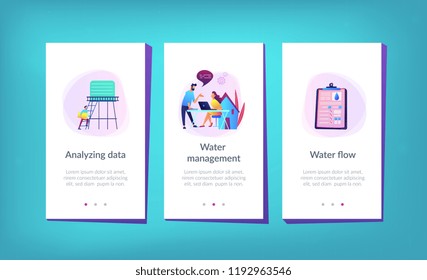 People near huge paper tablet with report of water flow and checkboxes analyzing data. Water management, ecology, IoT and smart city concept, violet palette. UI UX GUI app interface template.