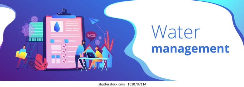 People Near Huge Paper Tablet With Report Of Water Flow And Checkboxes Analyzing Data. Water Management, Ecology, IoT And Smart City Concept, Violet Palette. Header Or Footer Banner Template.